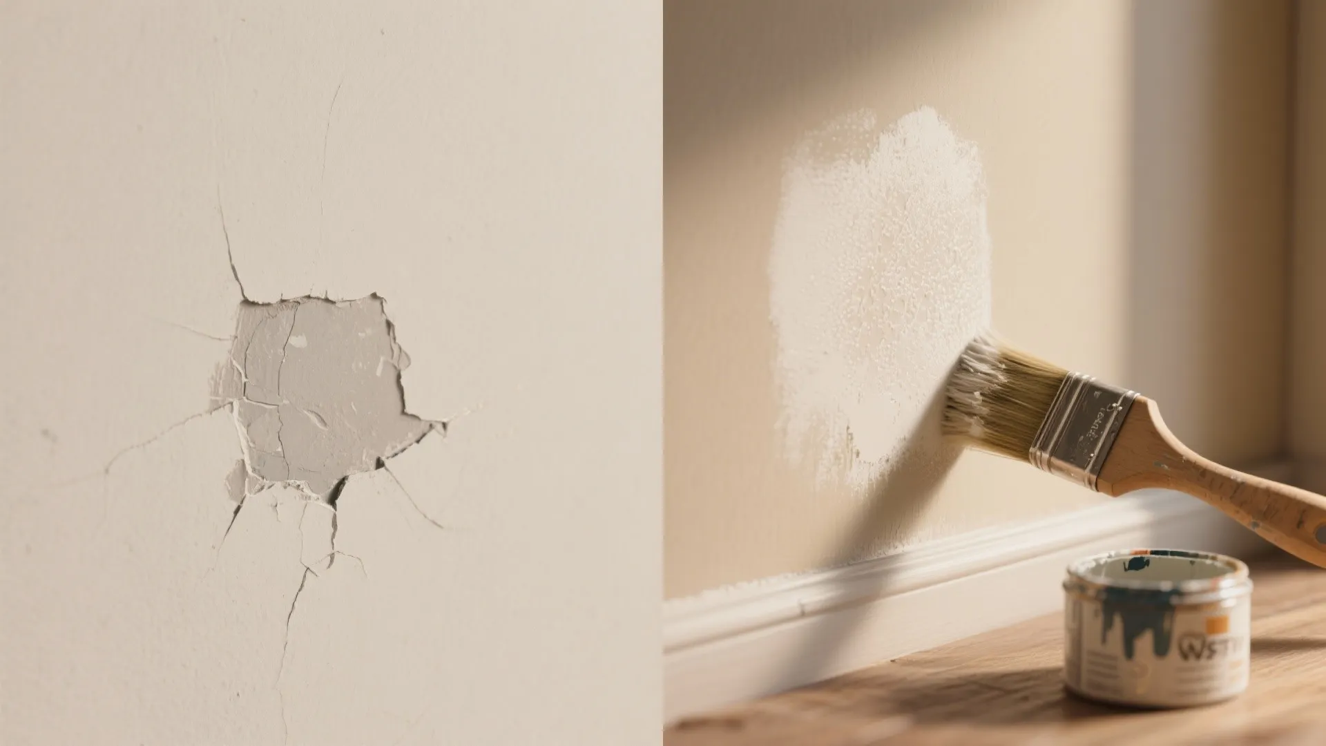 Before-and-after close-up of a matte wall spot corrected with stipple brush touch-up paint.