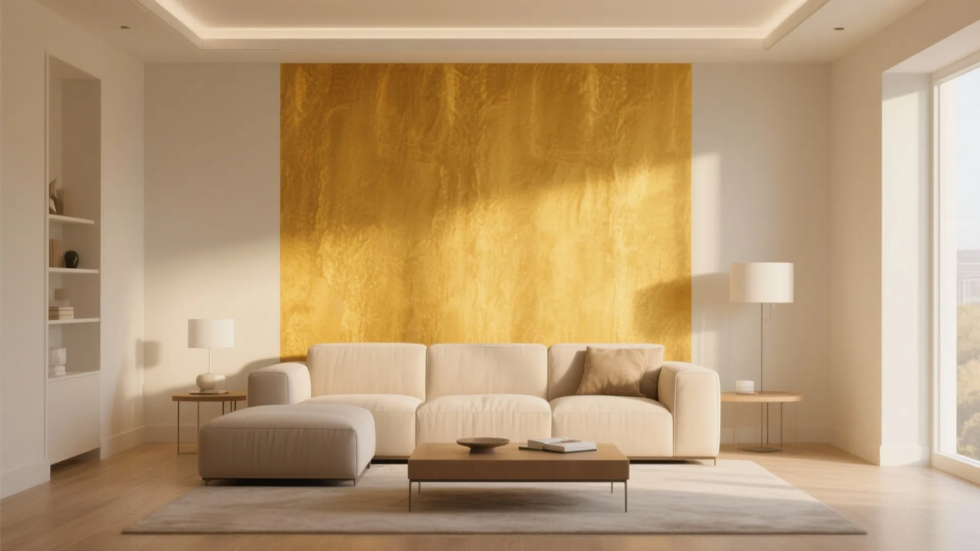 Living room with golden-yellow feature wall and neutral decor
