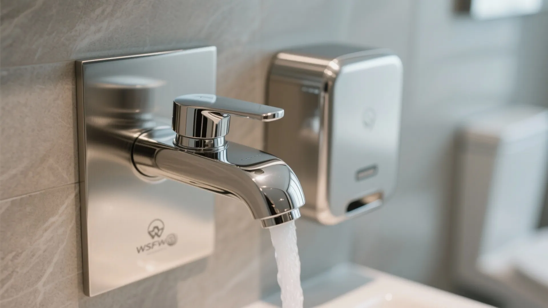Close-up of touchless bathroom faucet and soap dispenser