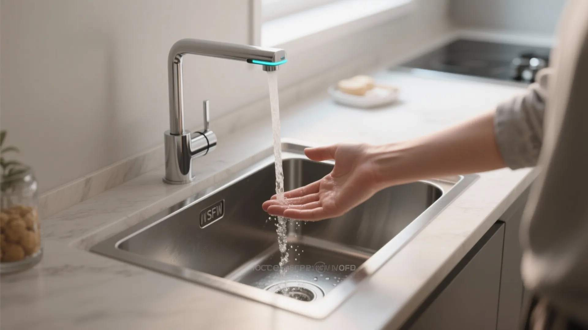Touchless sensor faucet in a compact kitchen with a hand activating the sensor stream.