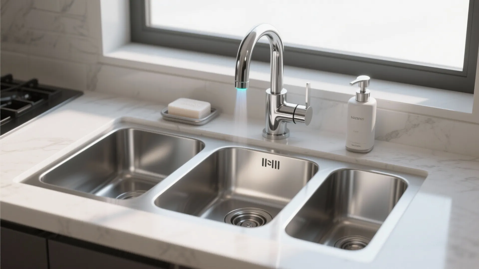 Modern chrome kitchen water tap with blue light flowing into a triple stainless steel sink basin
