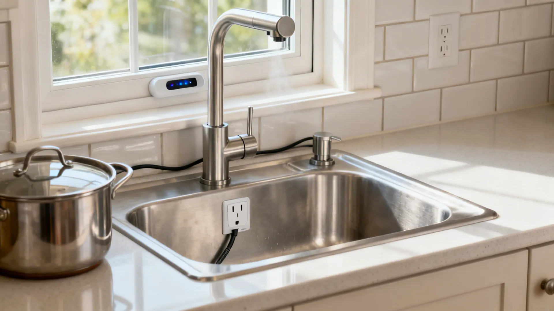 Compact kitchen sink with a touchless faucet and clean sensor under bright ambient light.
