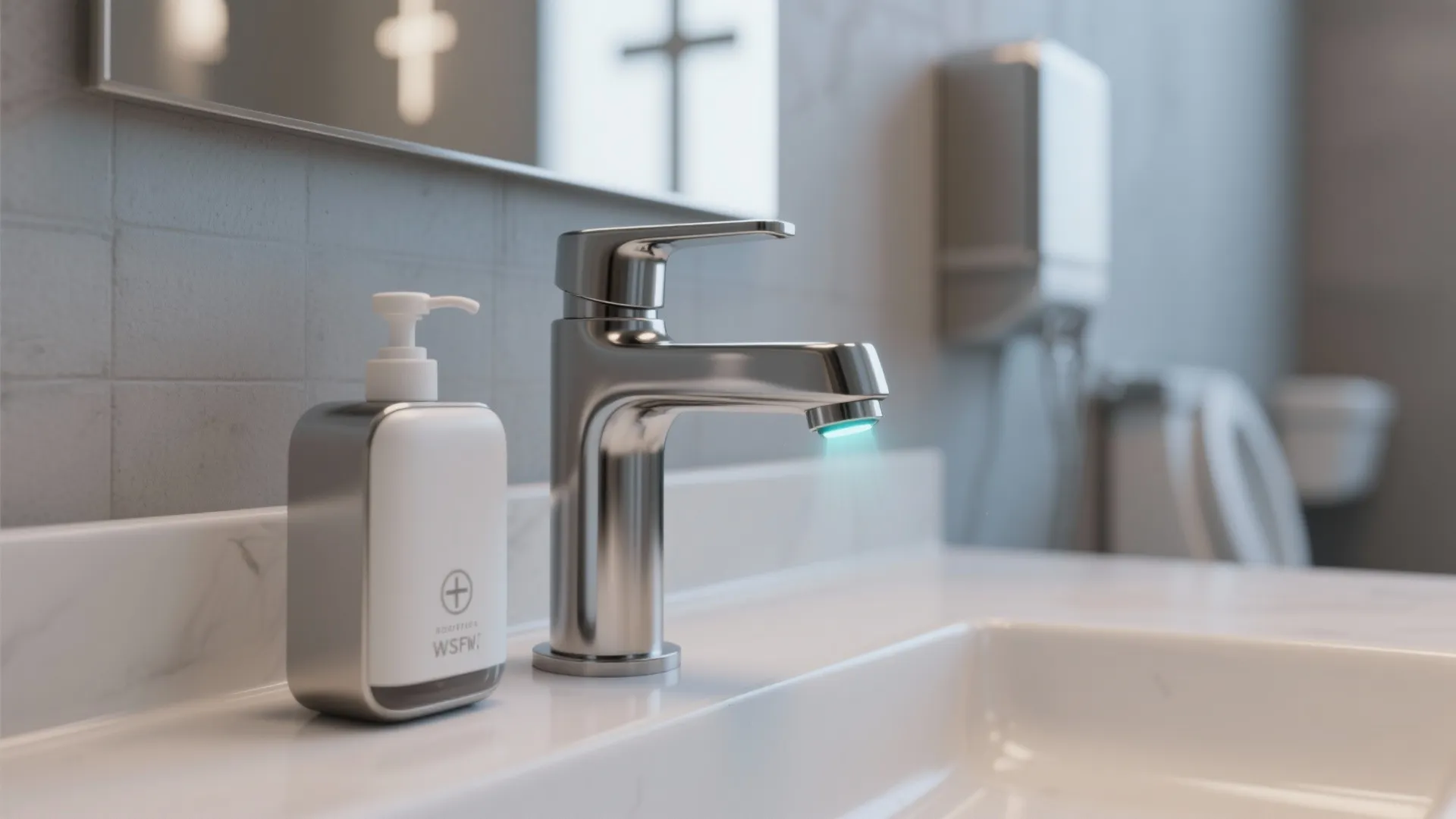 Modern metal faucet with blue sensor light on white sink next to a soap dispenser bottle