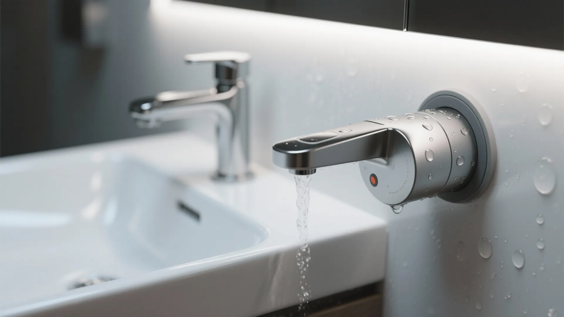 Modern wall mounted motion sensor faucet with water flowing into a white bathroom sink basin