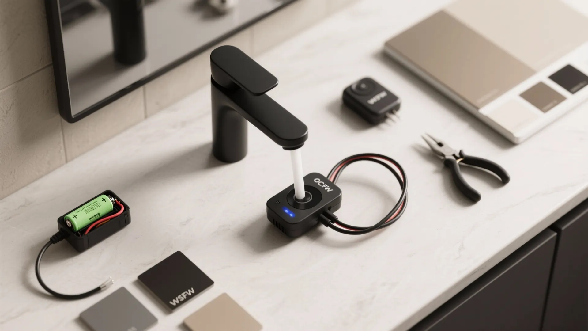 Black bathroom tap with electronic sensor parts battery pack pliers and color samples on counter