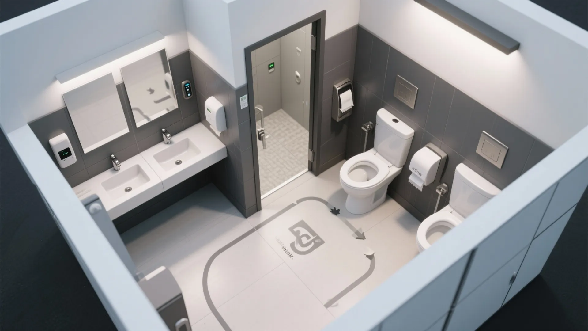 Modern public restroom interior design drawing with white sinks toilets and grey wall tile layout