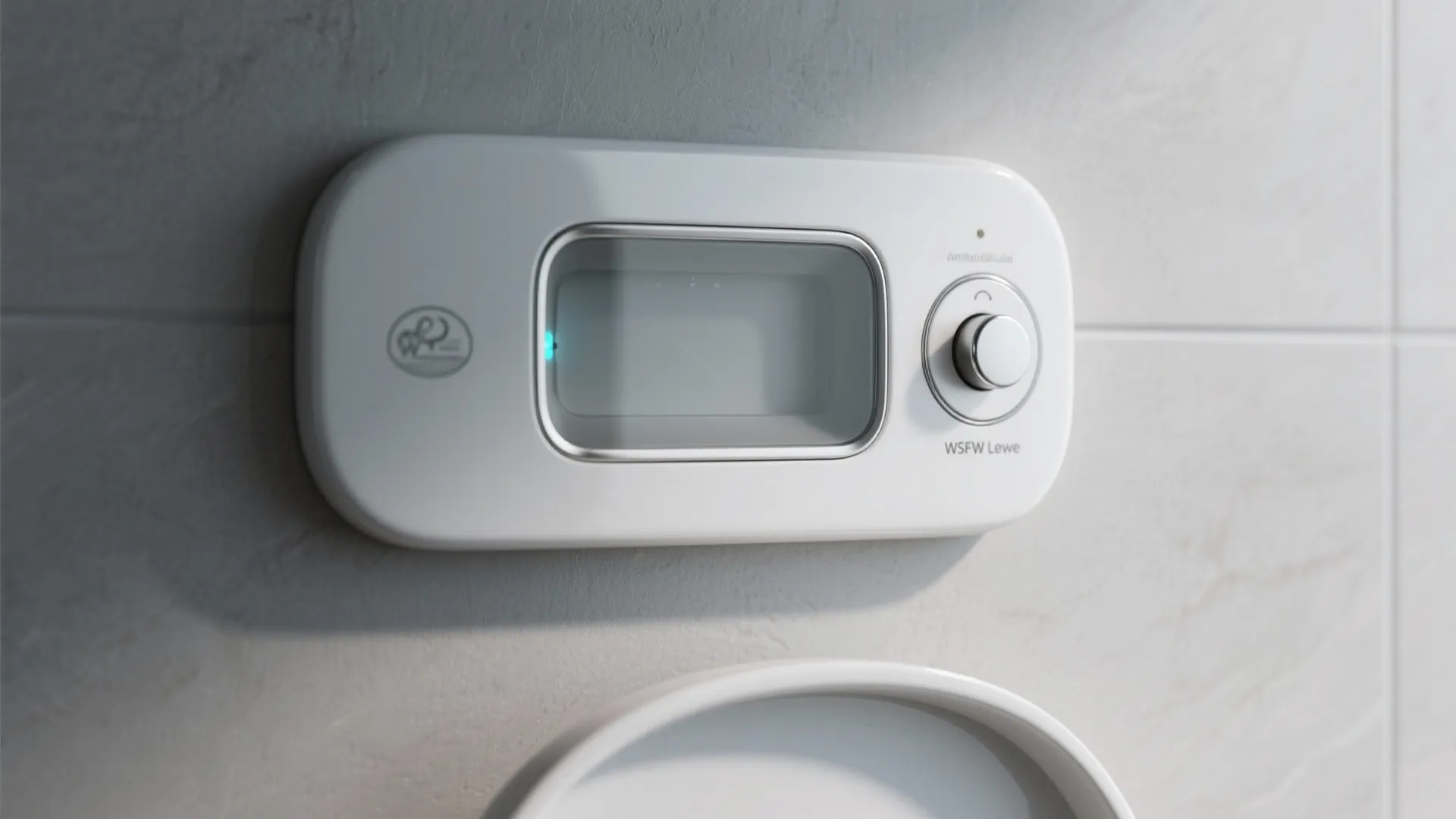 Macro of a touchless dual-flush plate with manual override above a rimless toilet