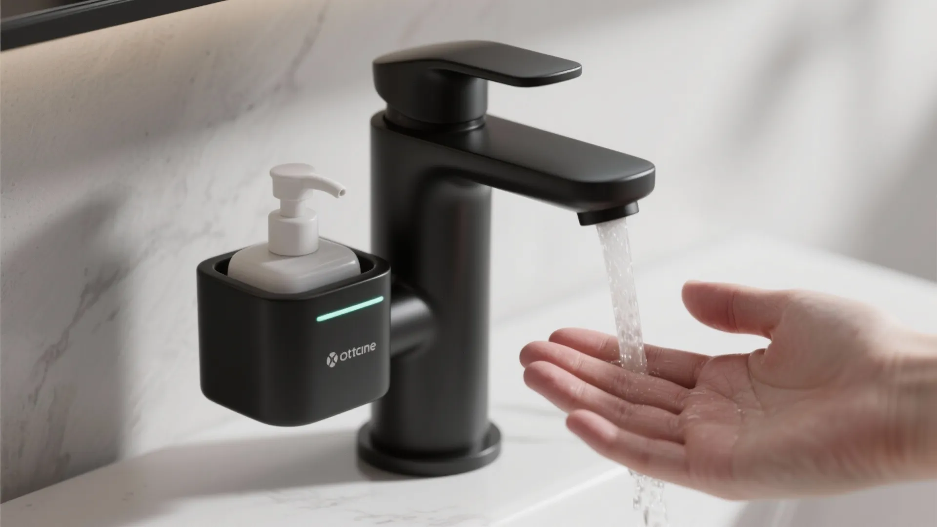 Modern black bathroom faucet with soap dispenser attachment and water flowing onto a person's hand