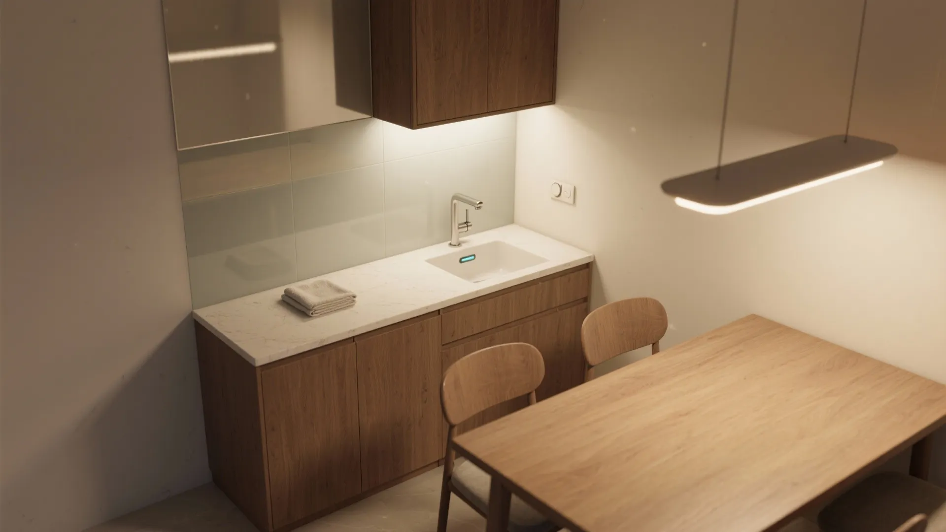 Modern kitchen sink area with wooden cabinets white countertop hanging light and matching dining table set