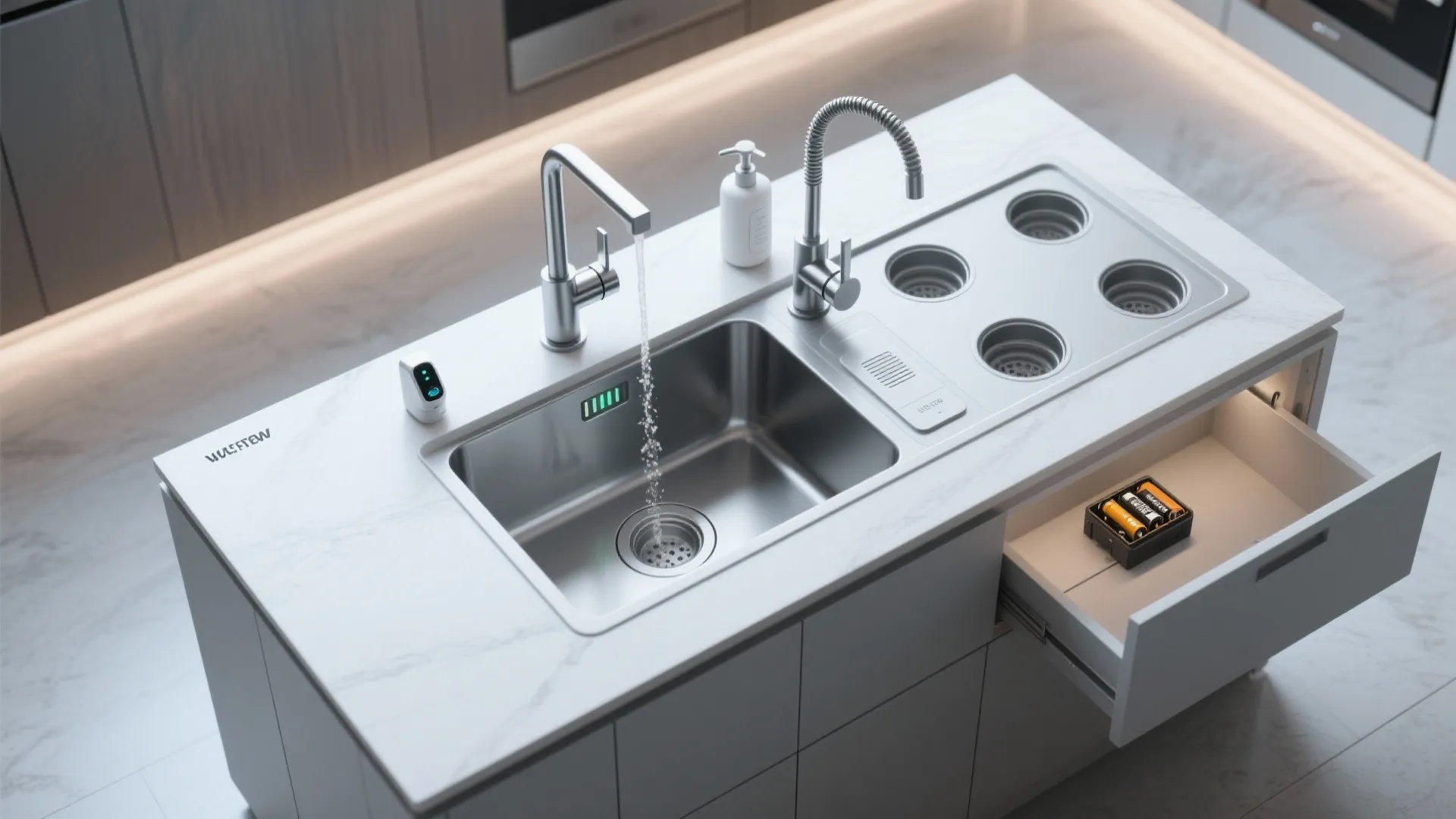 Top-down view of a sink with a touchless spout and manual sprayer plus accessories, showing under-sink power compartment.