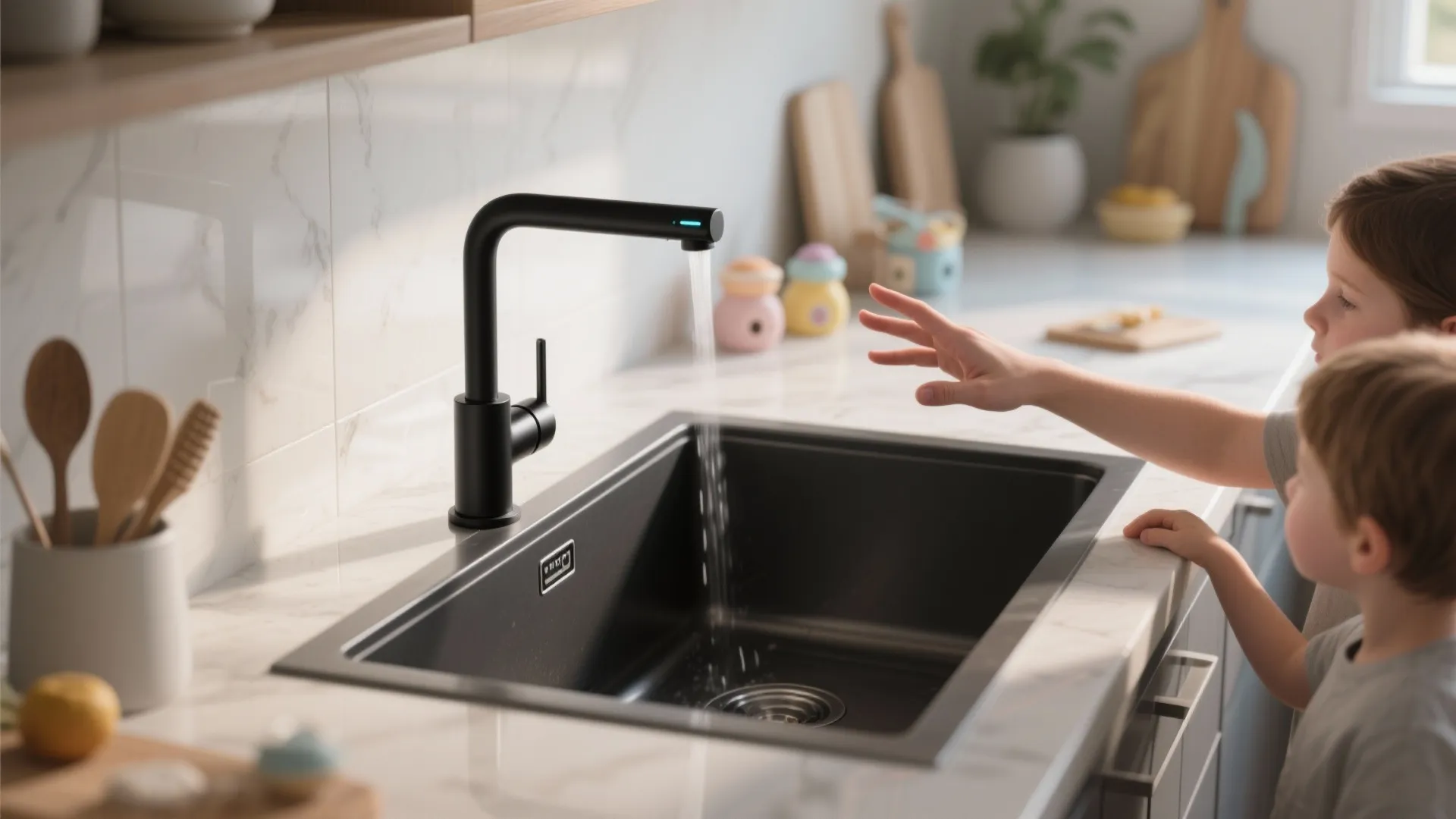 Children using a black motion sensor sink tap in a modern kitchen with marble countertop