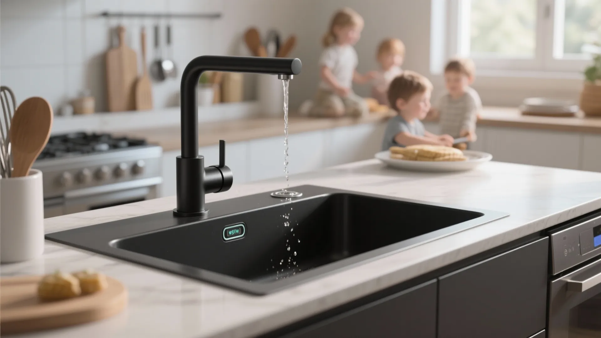 5. Touchless matte black tap for hygiene and space efficiency