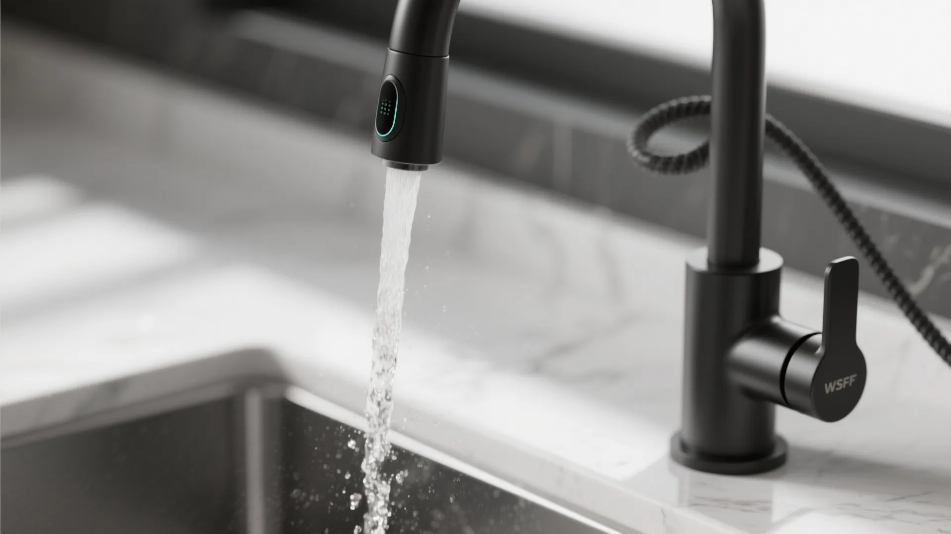Modern matte black touchless kitchen faucet with water flowing into sink featuring motion sensor technology