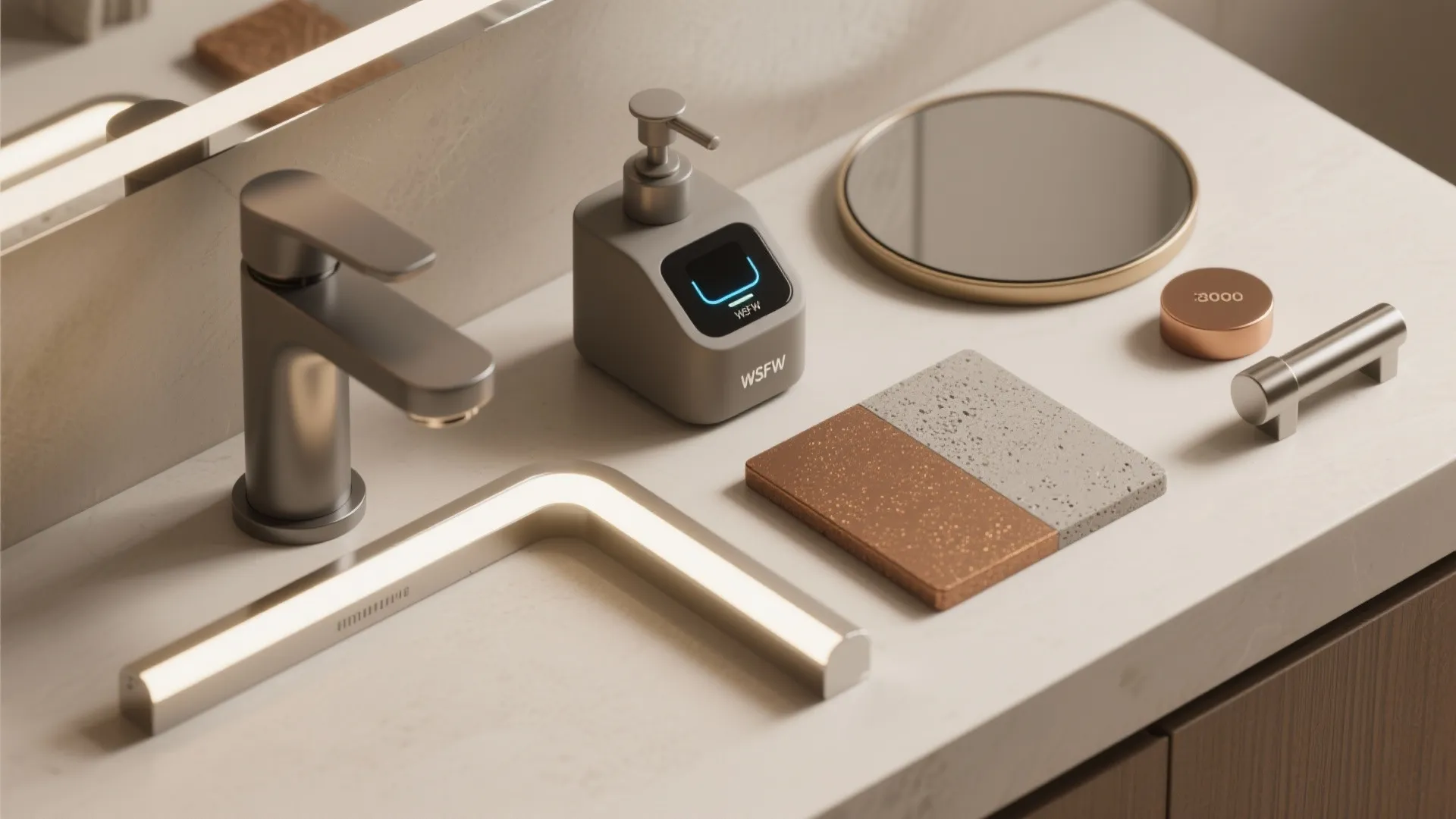 Bathroom counter flatlay with soap dispenser water faucet light fixture mirror and small decorative items