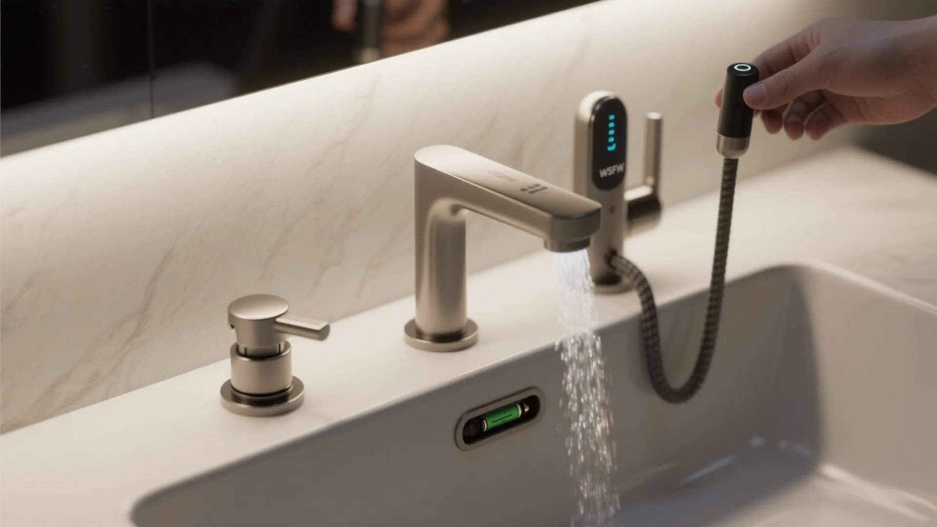 Modern silver sink faucet running water while hand pulls out spray head for easy cleaning
