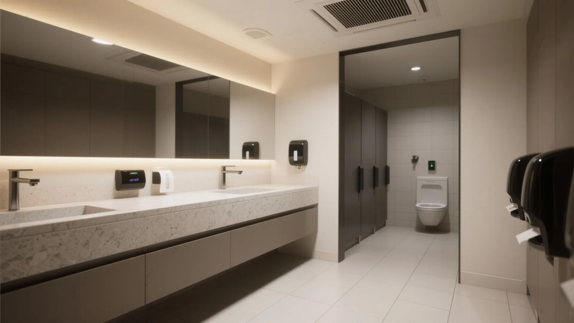 Touchless fixtures and quiet, effective ventilation