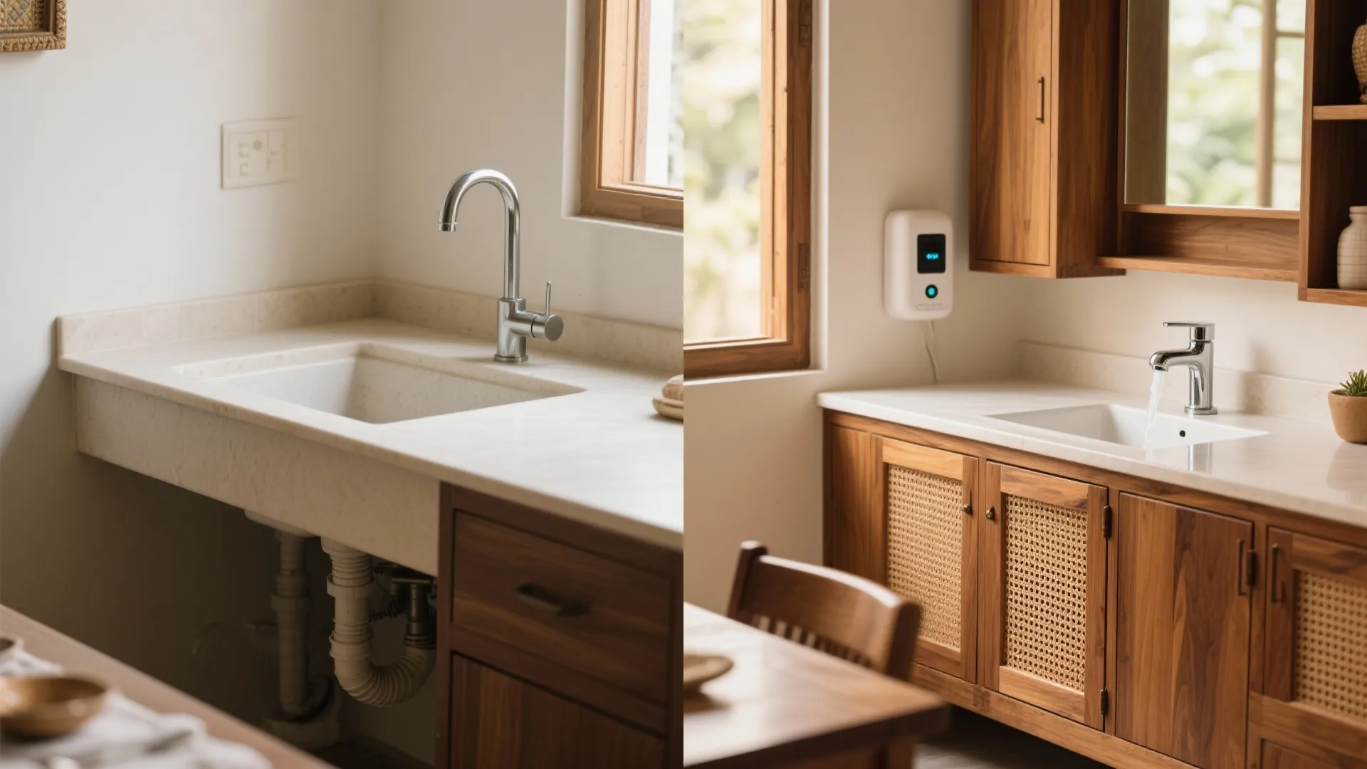 Before and after side view of a simple kitchen sink and a wooden storage cabinet