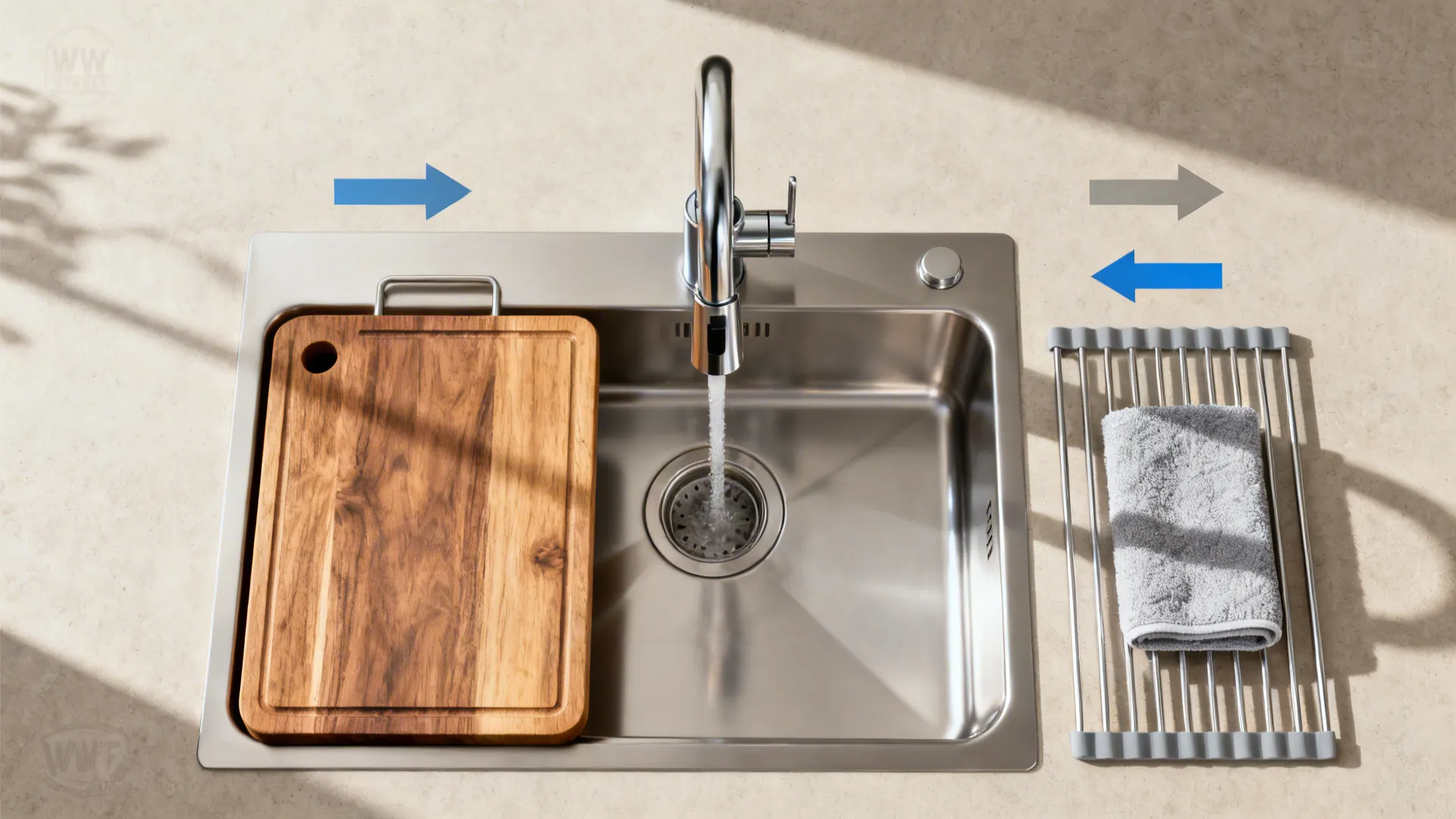 Top-down view of prep, rinse, and cleanup zones around a touchless faucet.
