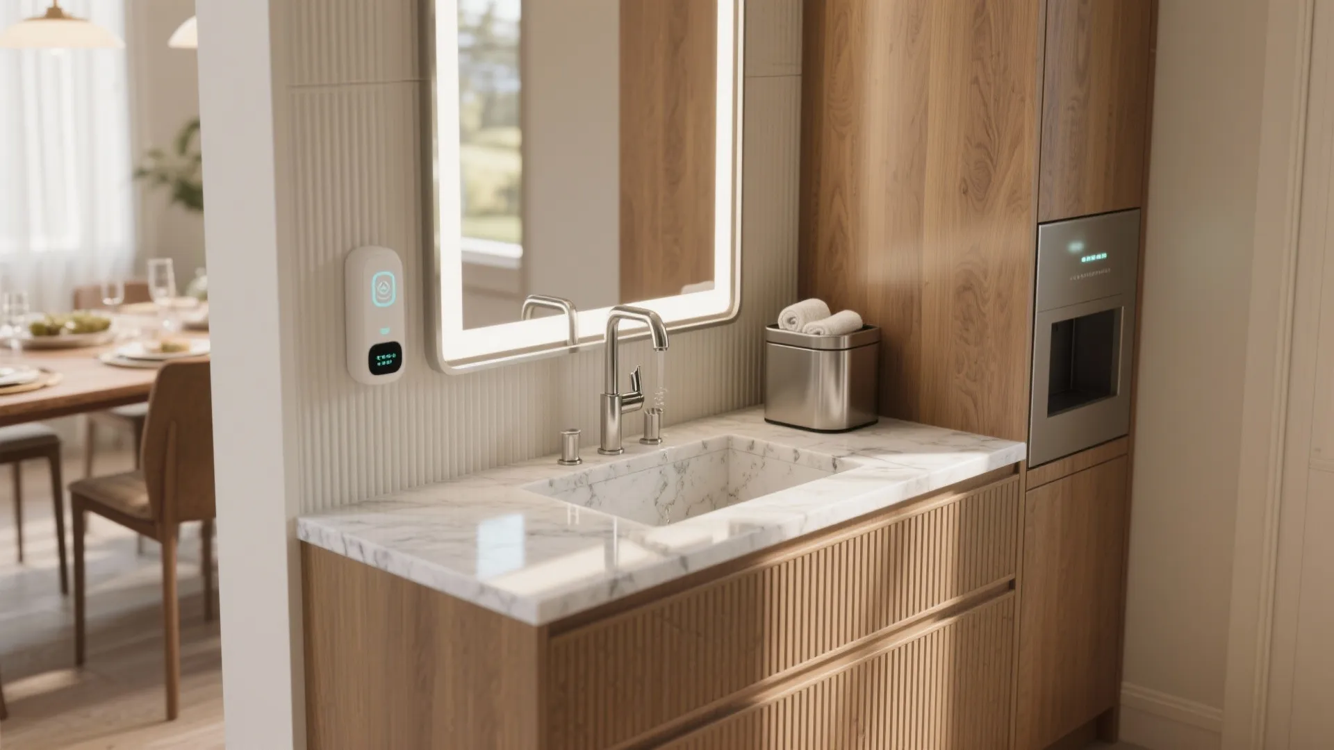 Modern bathroom sink with marble top silver faucet lighted mirror and wall mounted hand sanitizer