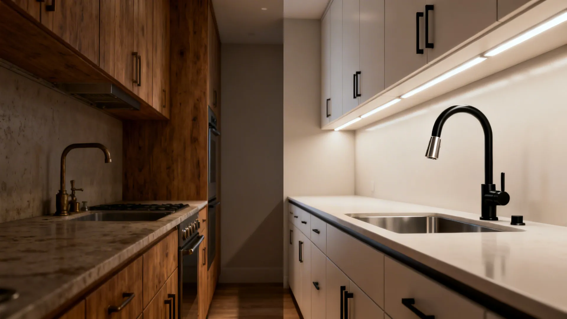 Before-and-after comparison showing updated hardware, modern faucet, and LED task lights.