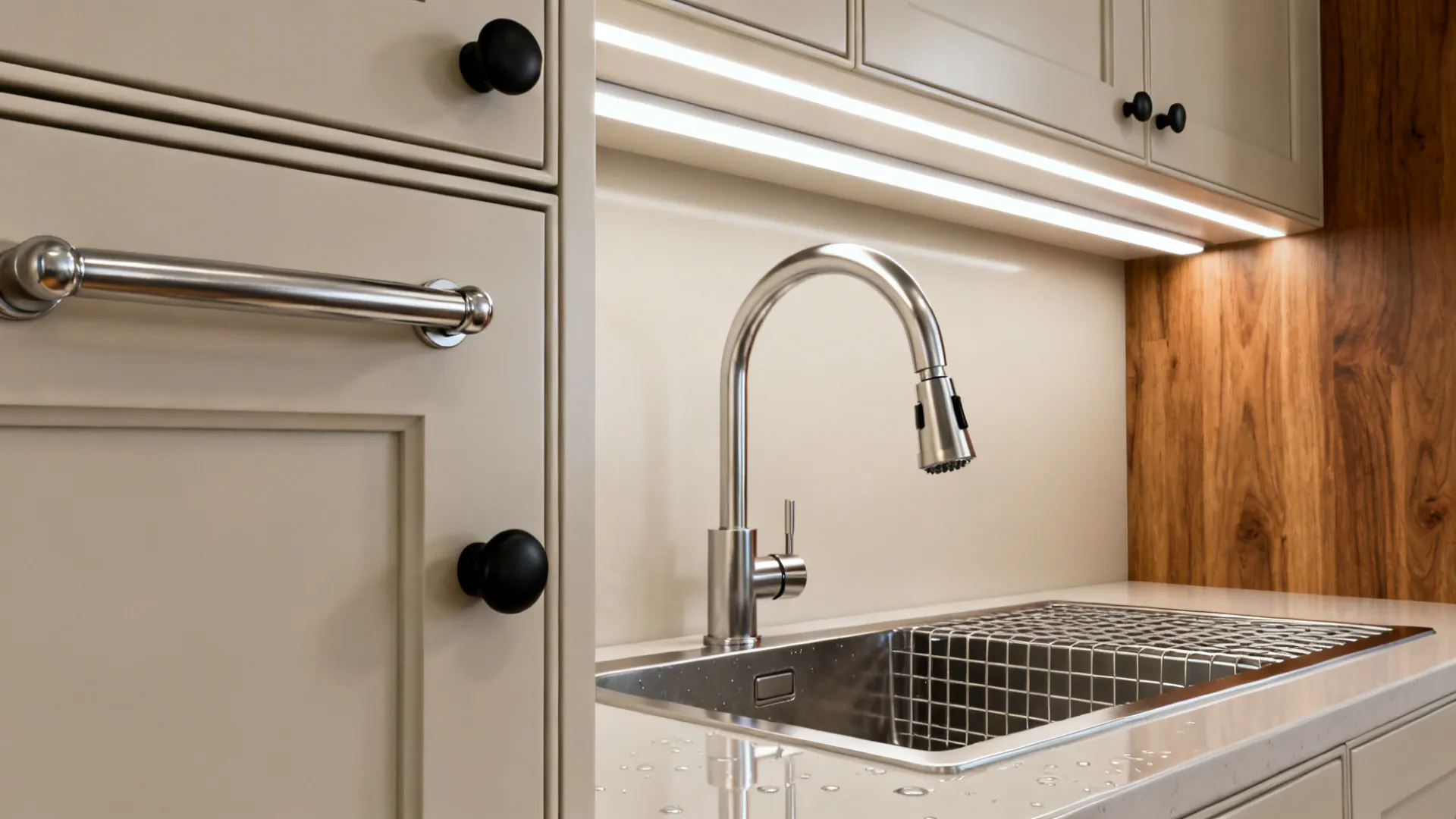 Close-up of a high-arc pull-down faucet, cabinet pull, and LED task lighting in a galley.