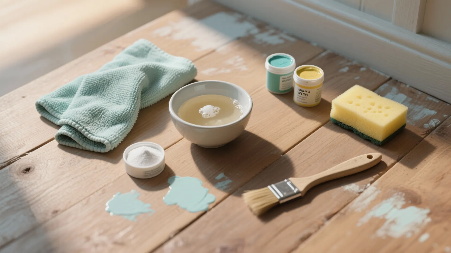 Cleaning supplies including cloth bowl sponge paint and brush on a light wood floor background