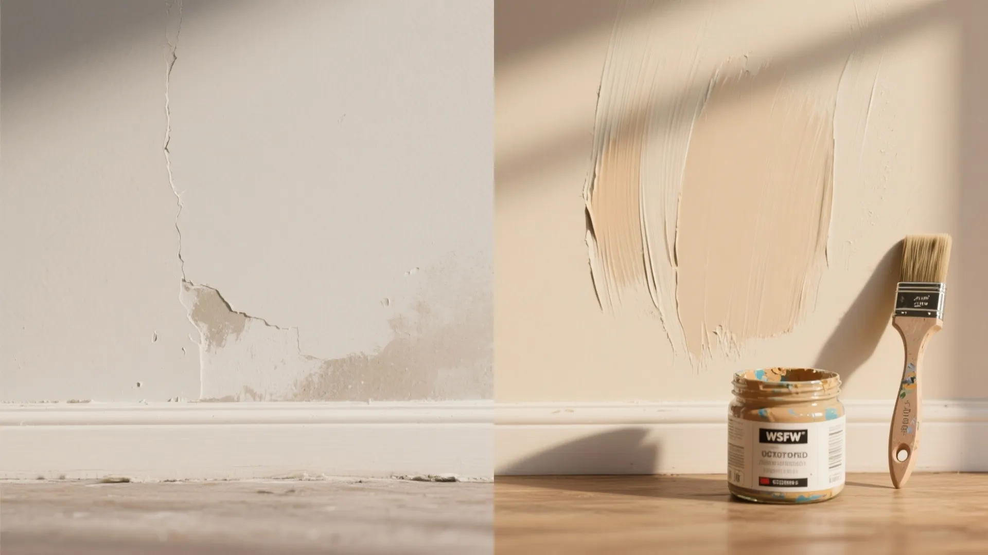 Before and after comparison of a cracked wall being repaired with new beige paint color