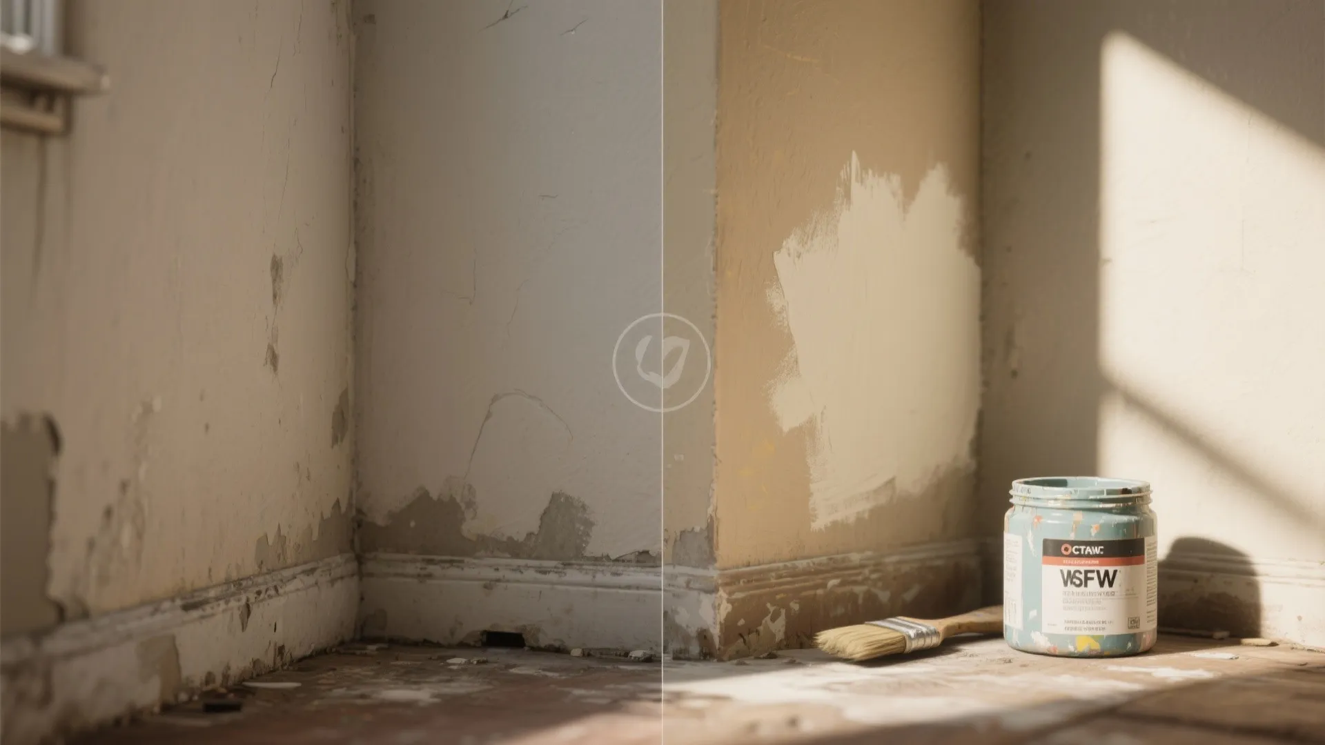 Before and after comparison of damaged wall versus repaired paint with brush and blue can