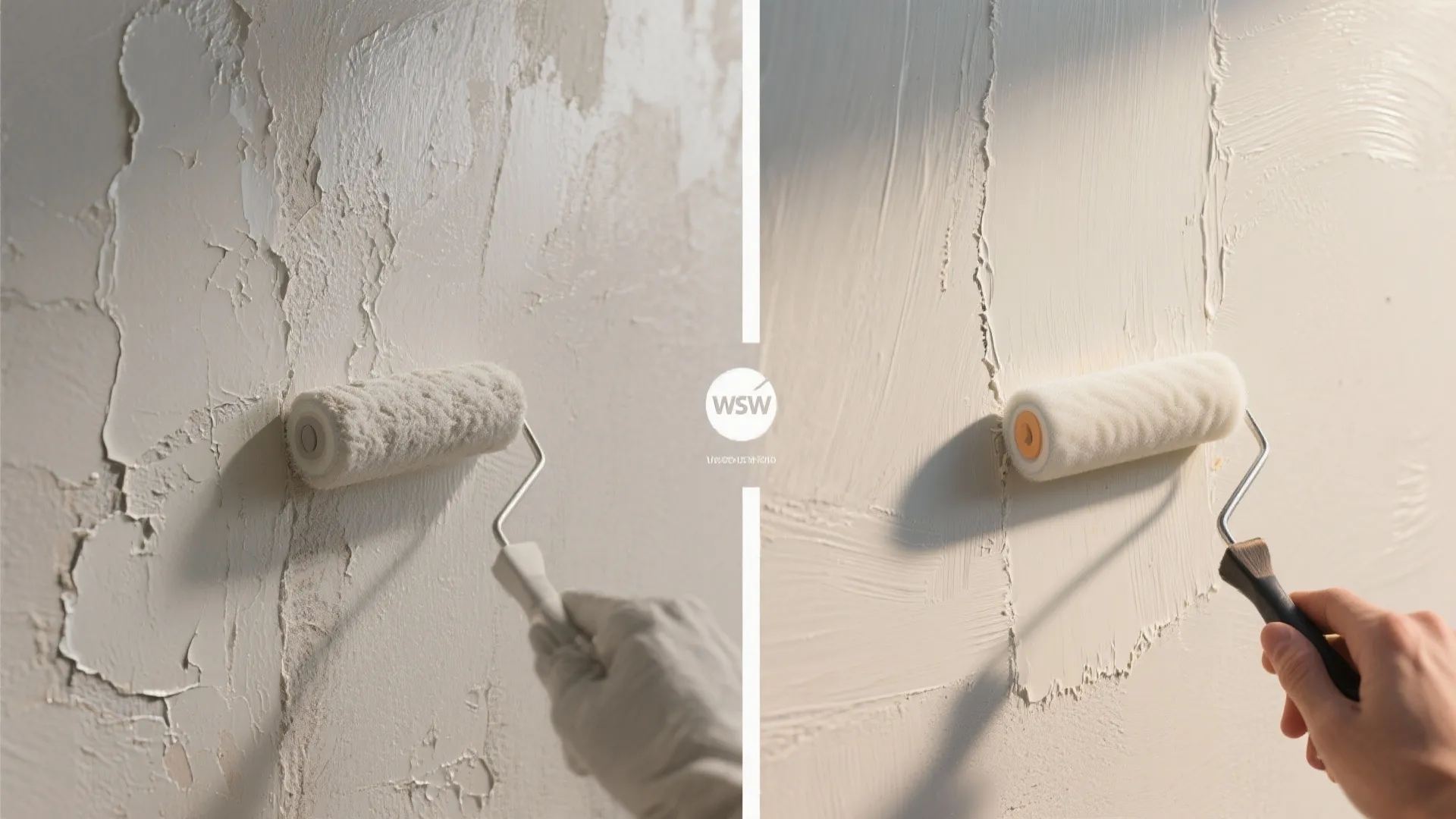 Side by side comparison of a peeling wall being repaired with a white paint roller