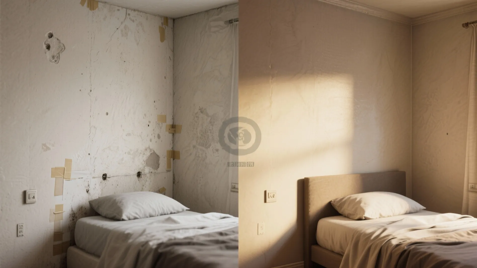 Before and after comparison of a damaged bedroom wall versus a clean repainted warm bedroom