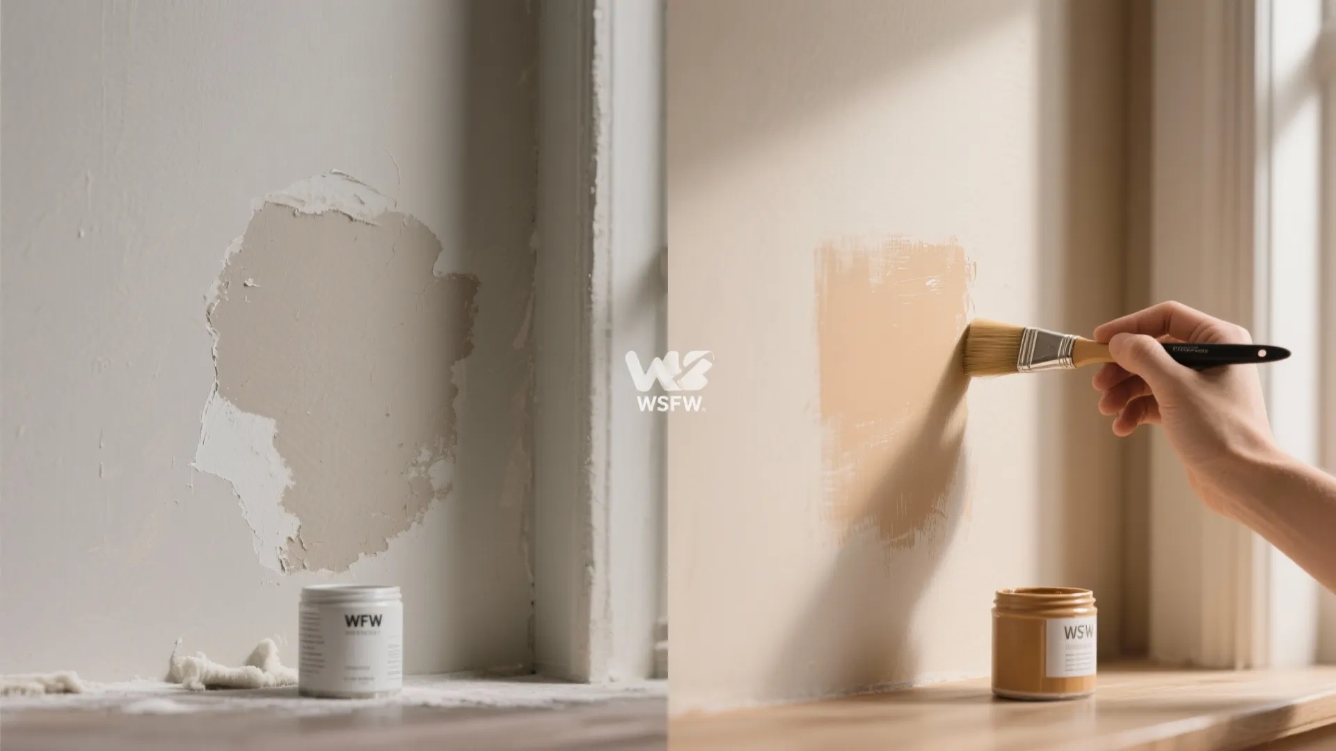 Comparison of damaged white wall versus hand painting the surface with small brush and paint.