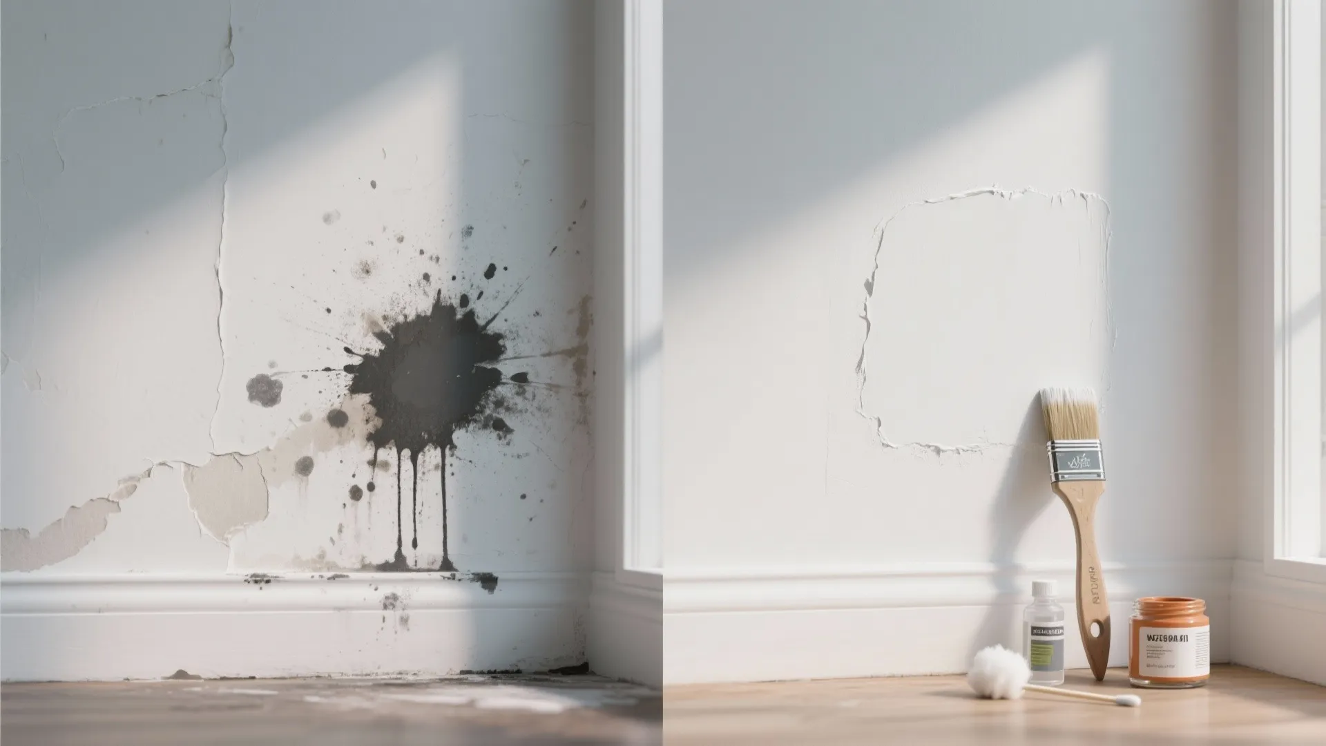 Before-and-after comparison of a white wall showing ink and grease stains and a small matching paint touch-up repair.