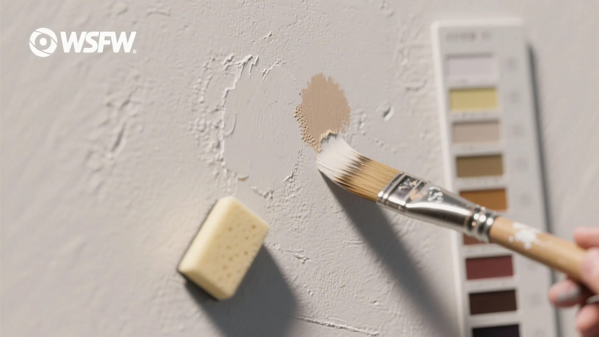 Macro view of stipple touch-up with leftover flat paint blending into a matte wall using a small brush.