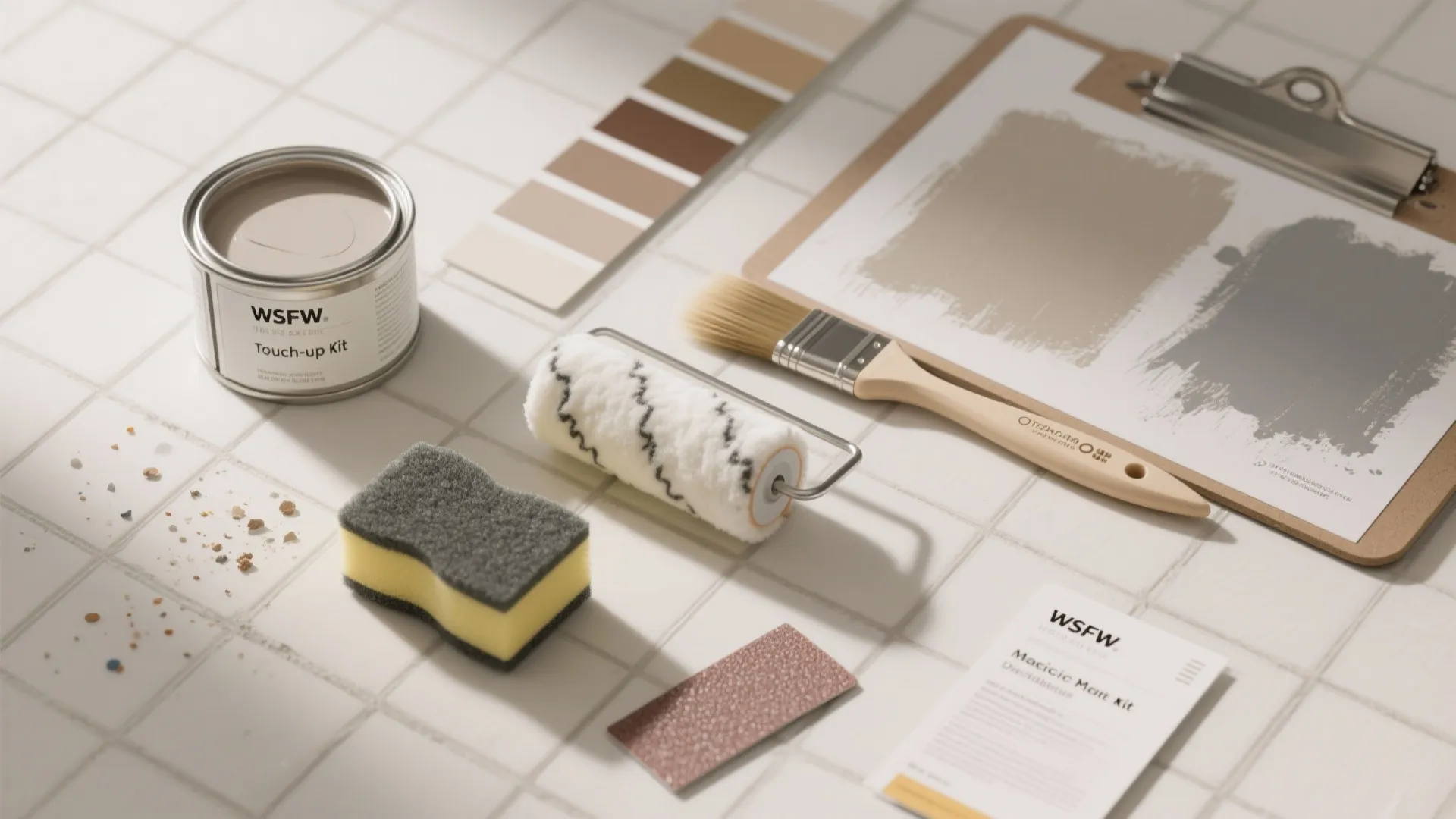 Paint touch up kit on tiled surface with roller brush sponge sandpaper and color swatches