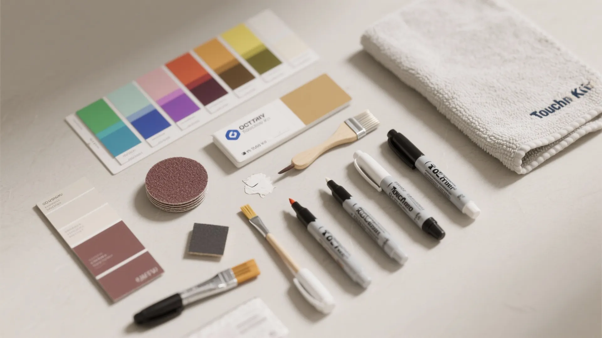Flatlay of a touch-up kit including pens, brushes, sandpaper and color swatches for quick rental fixes.