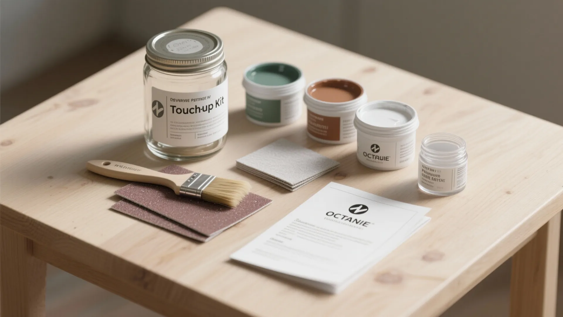 Wall repair touchup kit with paint jars, brush, sandpaper, and instructions on a wooden table