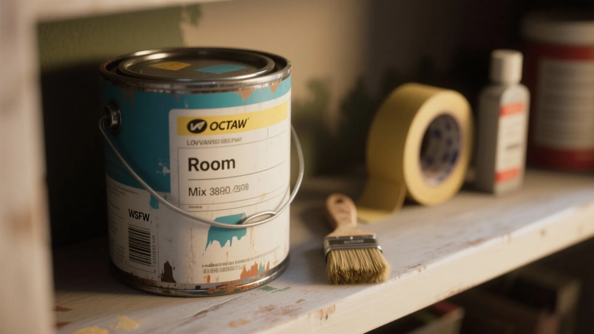 Blue paint can sitting with a small paintbrush and yellow masking tape on a shelf