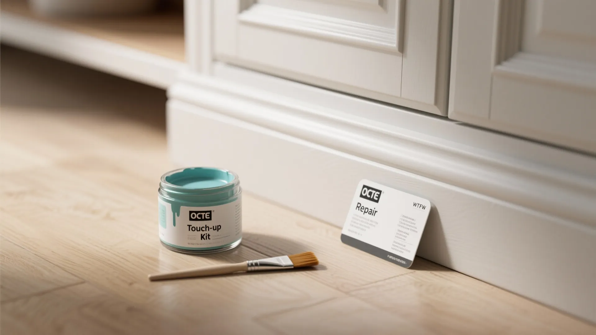 Furniture repair kit with light blue paint and small brush on a wooden floor surface