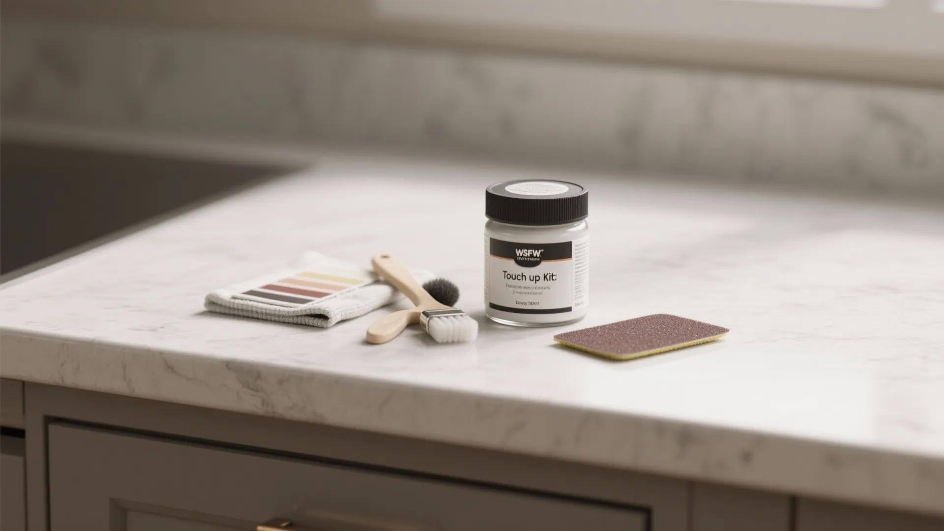 Furniture touch up kit on a white marble table including paint jar brush and sandpaper