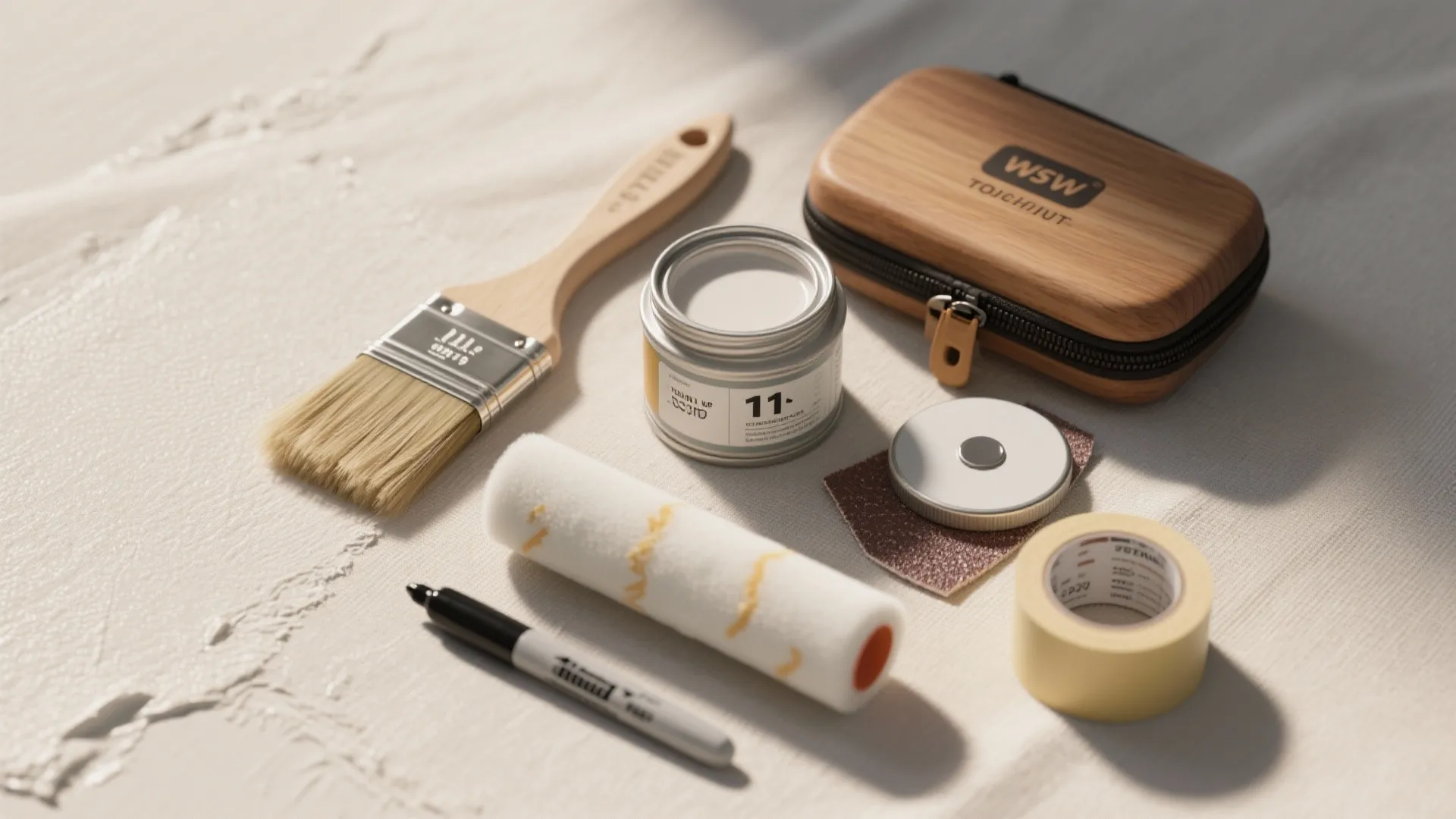 Home wall repair kit featuring paint brush roller small paint can tape and wooden case