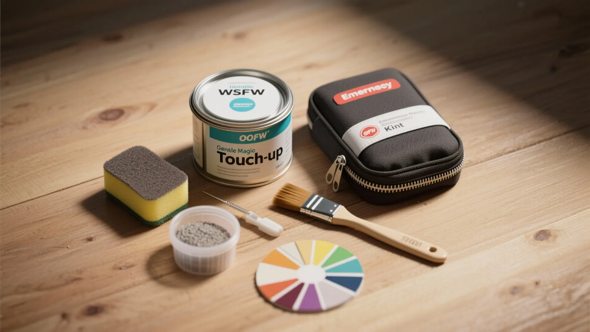 Home repair kit with paint can brush sponge and color wheel on a wooden floor surface