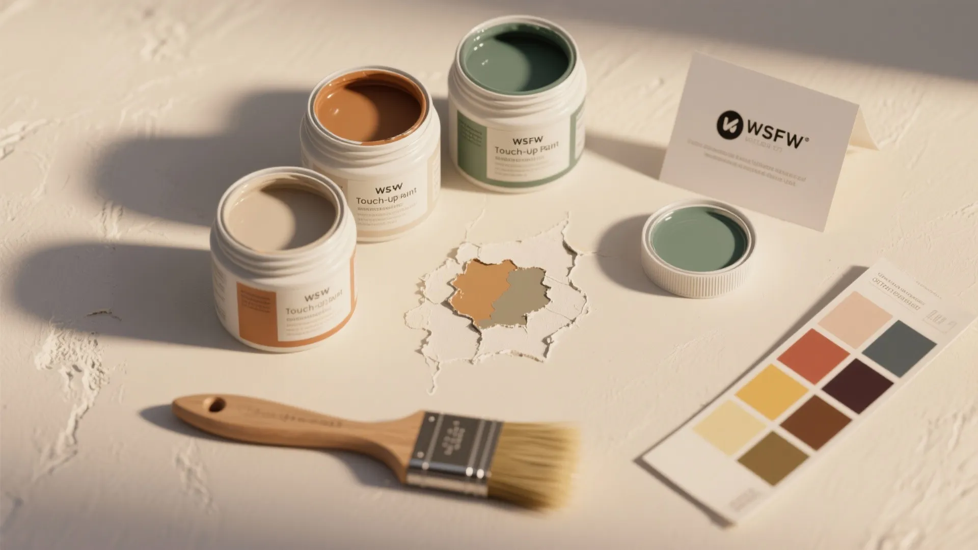Flatlay of matched touch-up paint pots, a small brush, swatches and a tiny sample wall patch for blending.
