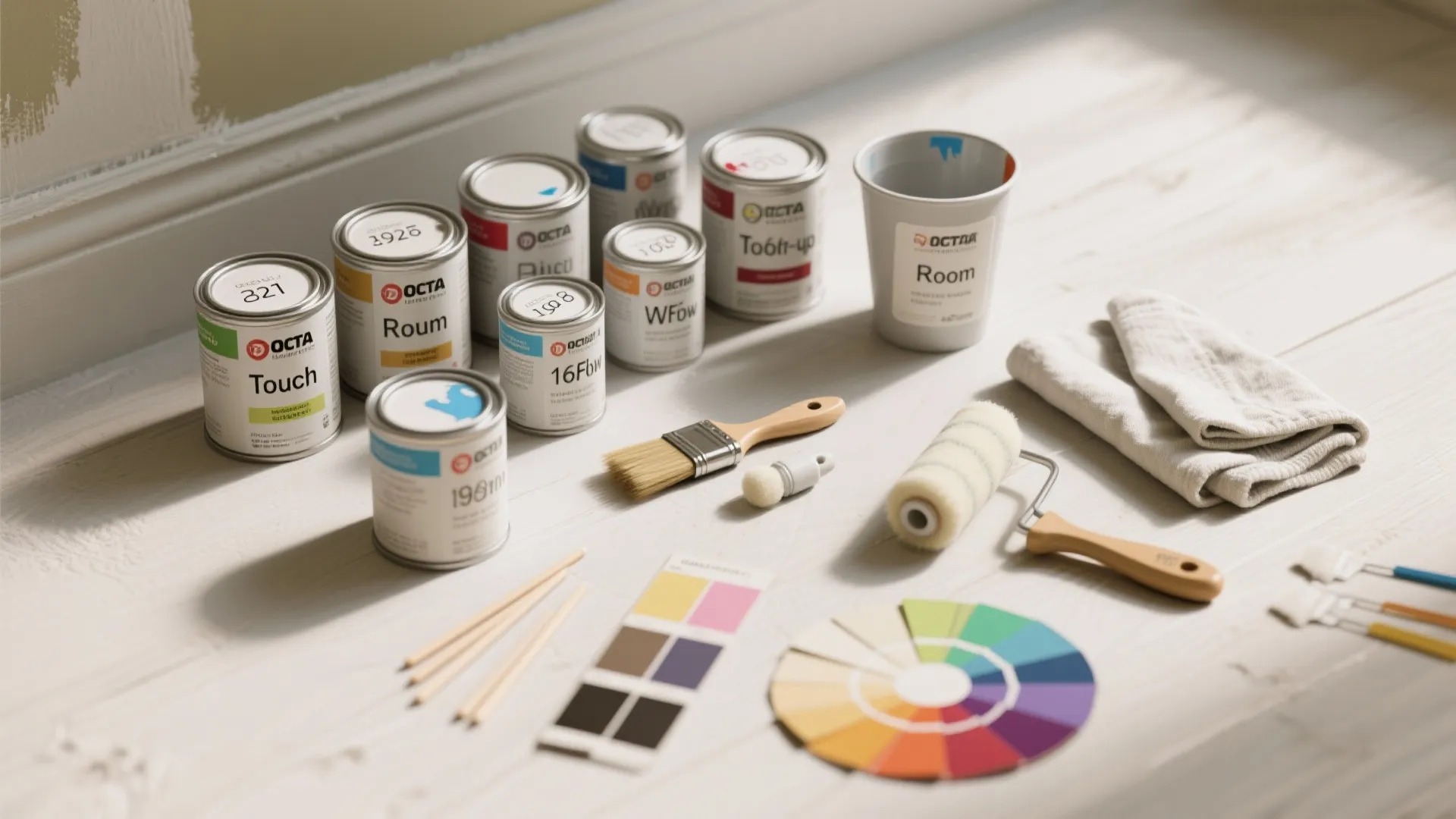 Various paint cans with brush roller color swatches and cloth on a light wood floor