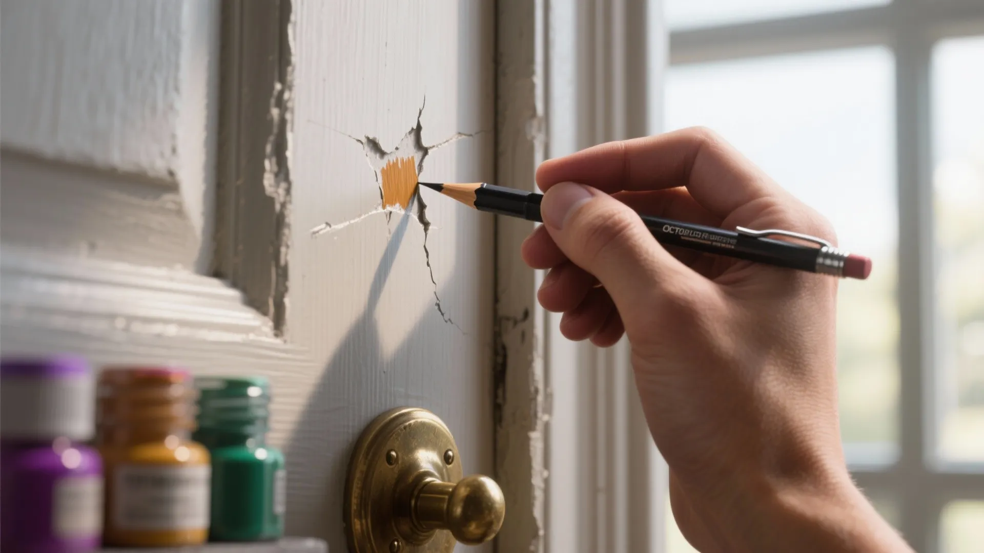 Hand using a black pen to repair a small orange scratch on a white door