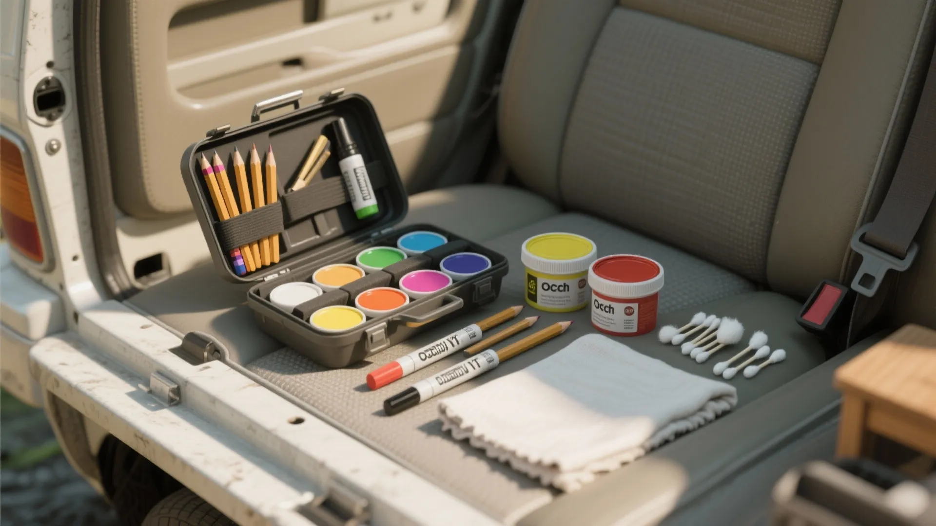 Furniture repair kit with color pencils paint jars and cleaning cloth on a car seat