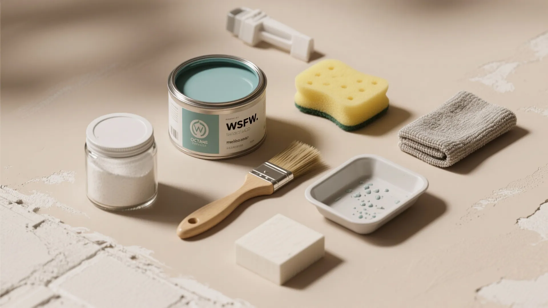 Various wall painting supplies including blue paint can brush sponge and a soft white towel