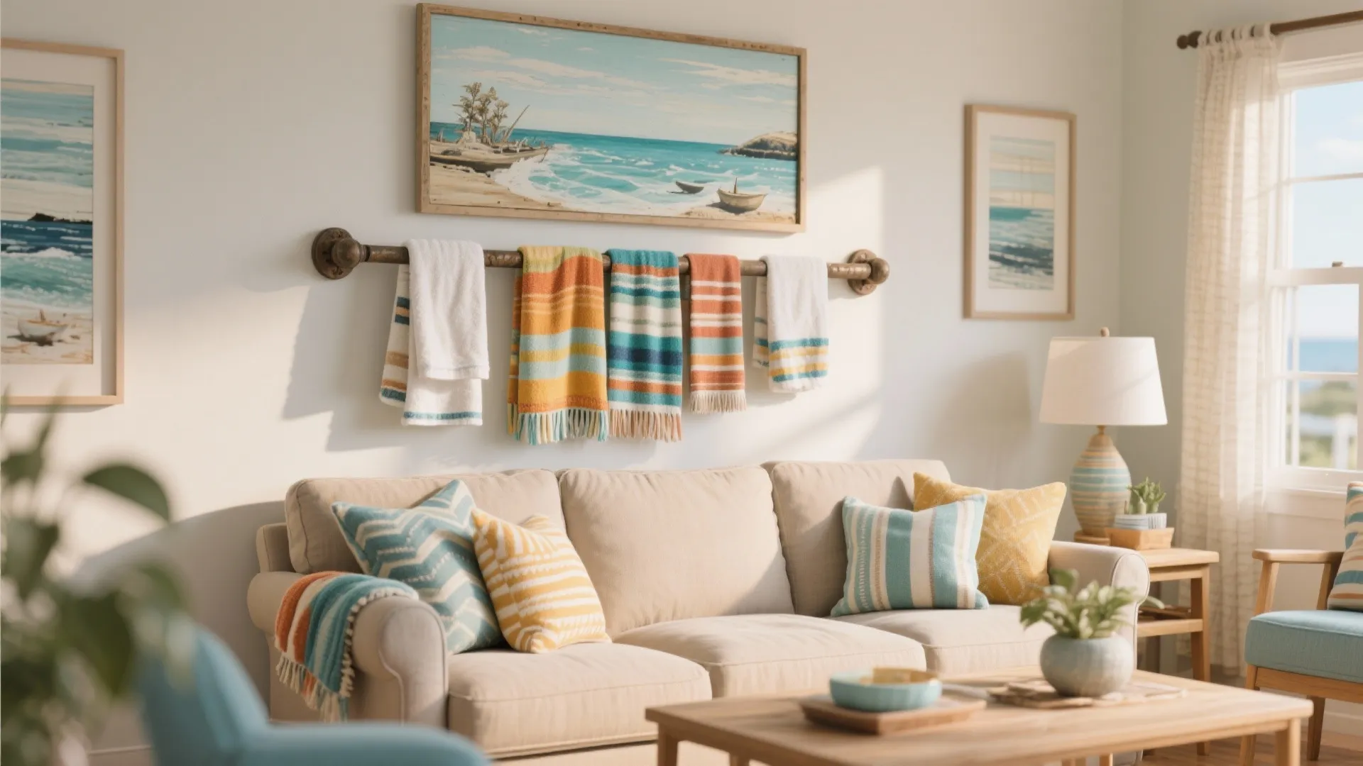 Wall mounted metal bar holding colorful striped blankets above beige sofa in bright living room