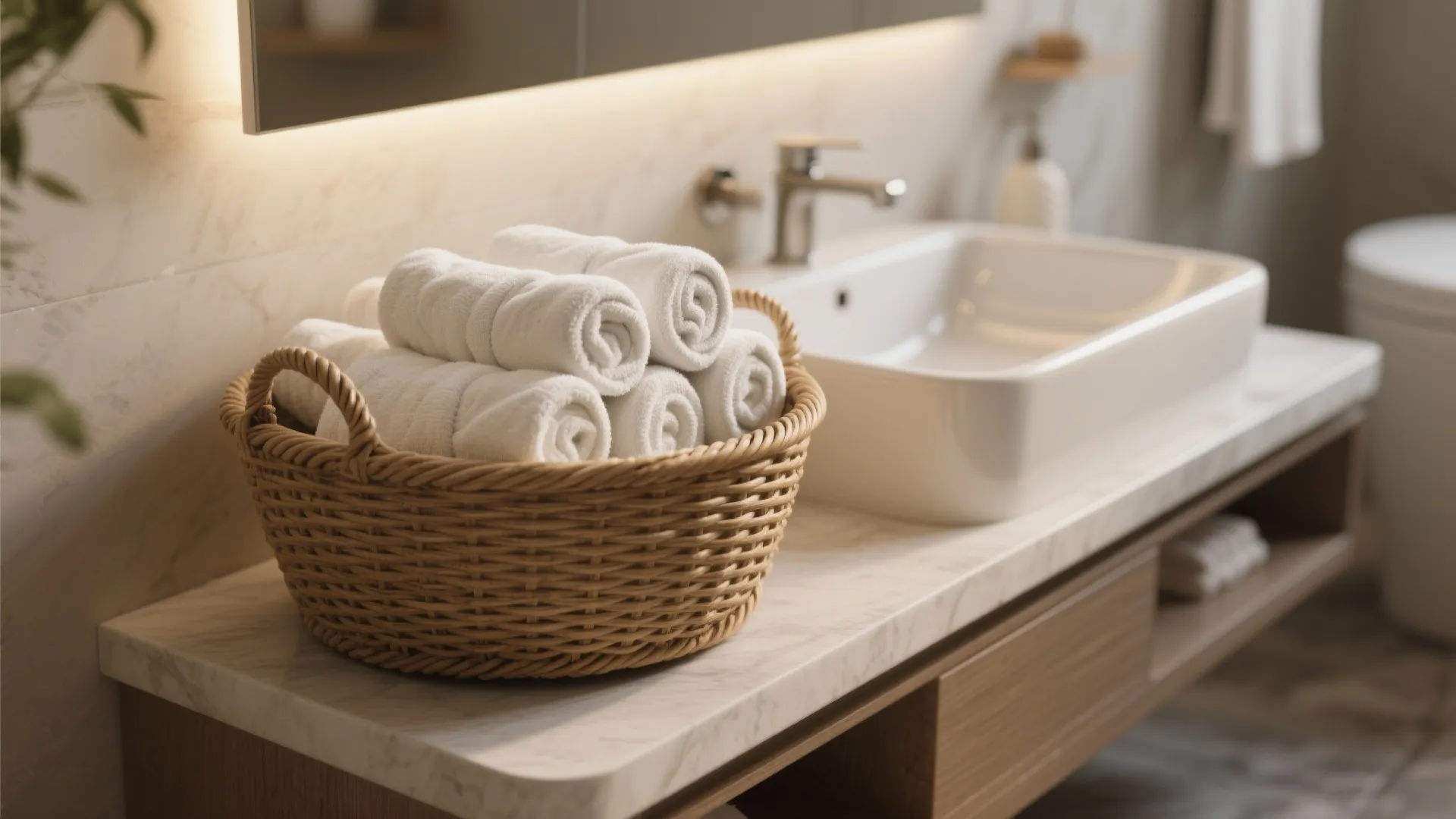 Woven basket filled with rolled white towels on a marble bathroom counter next to sink