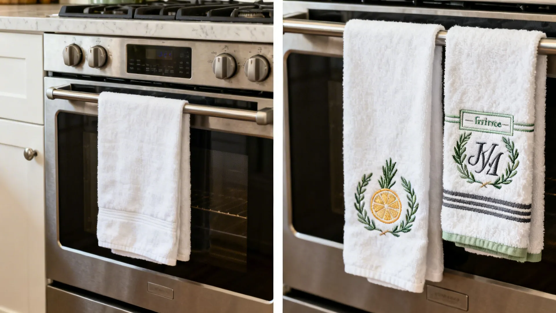 Before and after comparison showing plain white towel versus two decorated white towels on oven
