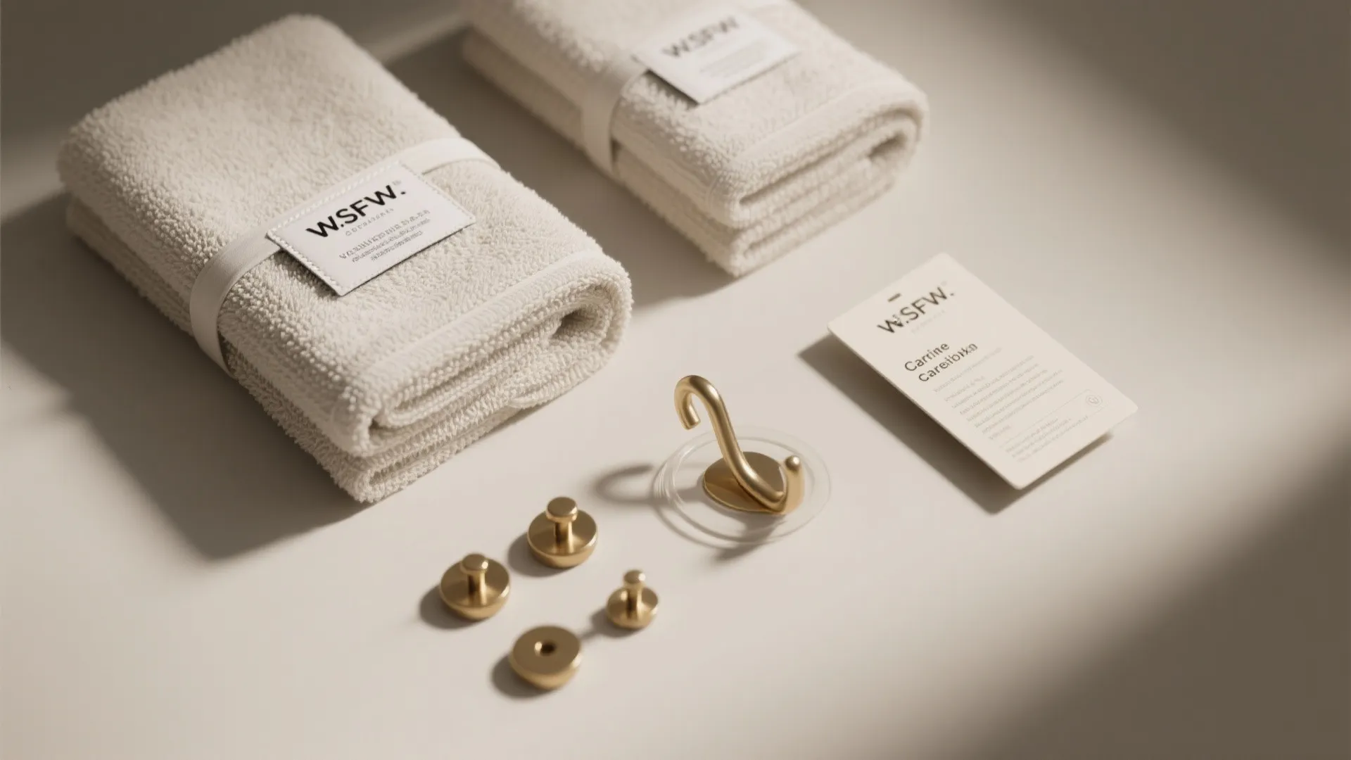 Top-down flatlay of towels, care labels, adhesive hooks and small hardware for installation and maintenance tips.